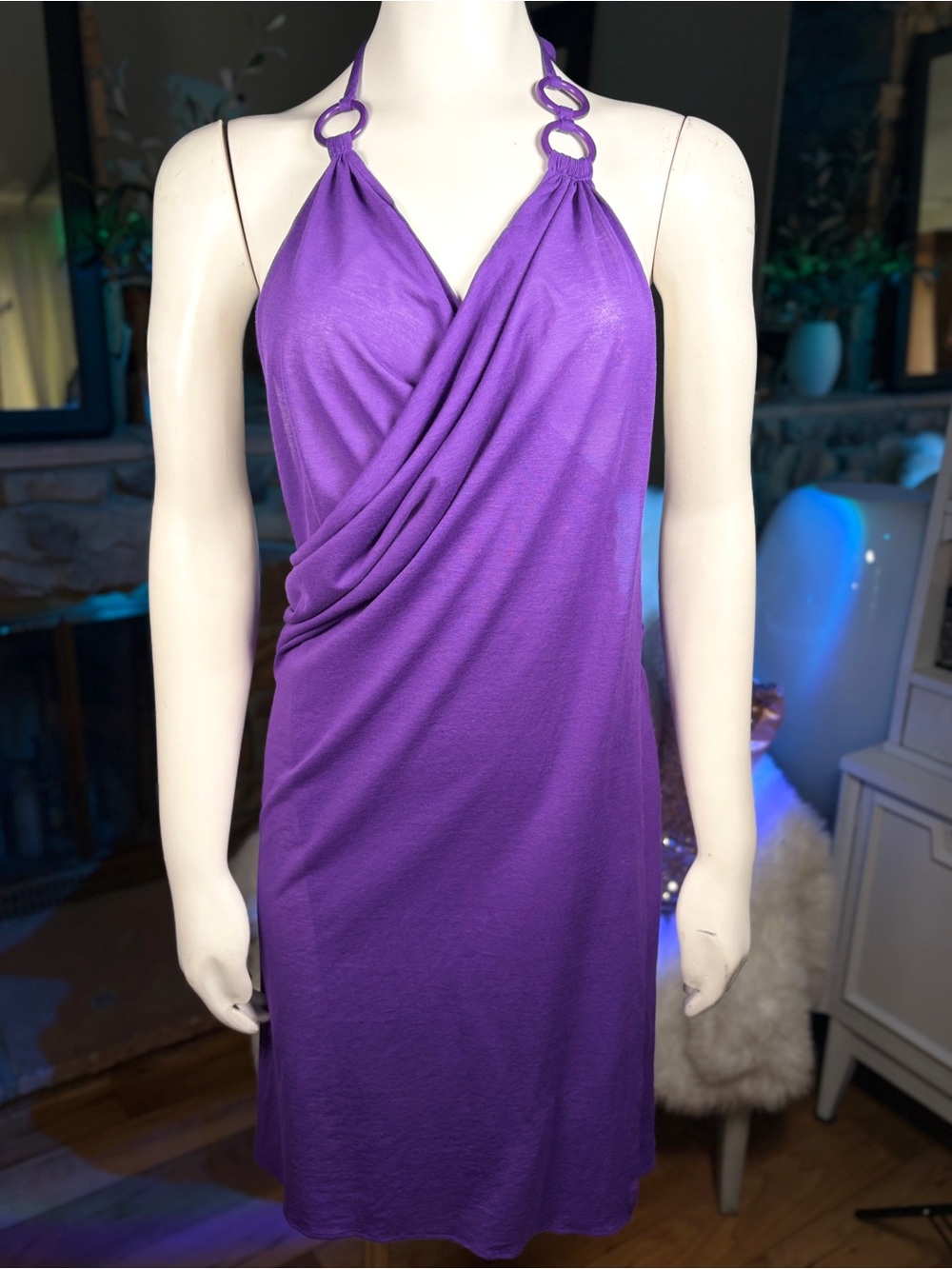 Eres Purple Cotton Blend Backless Halter Style Swim Wrap w/ Ring Detail, Sz S/M